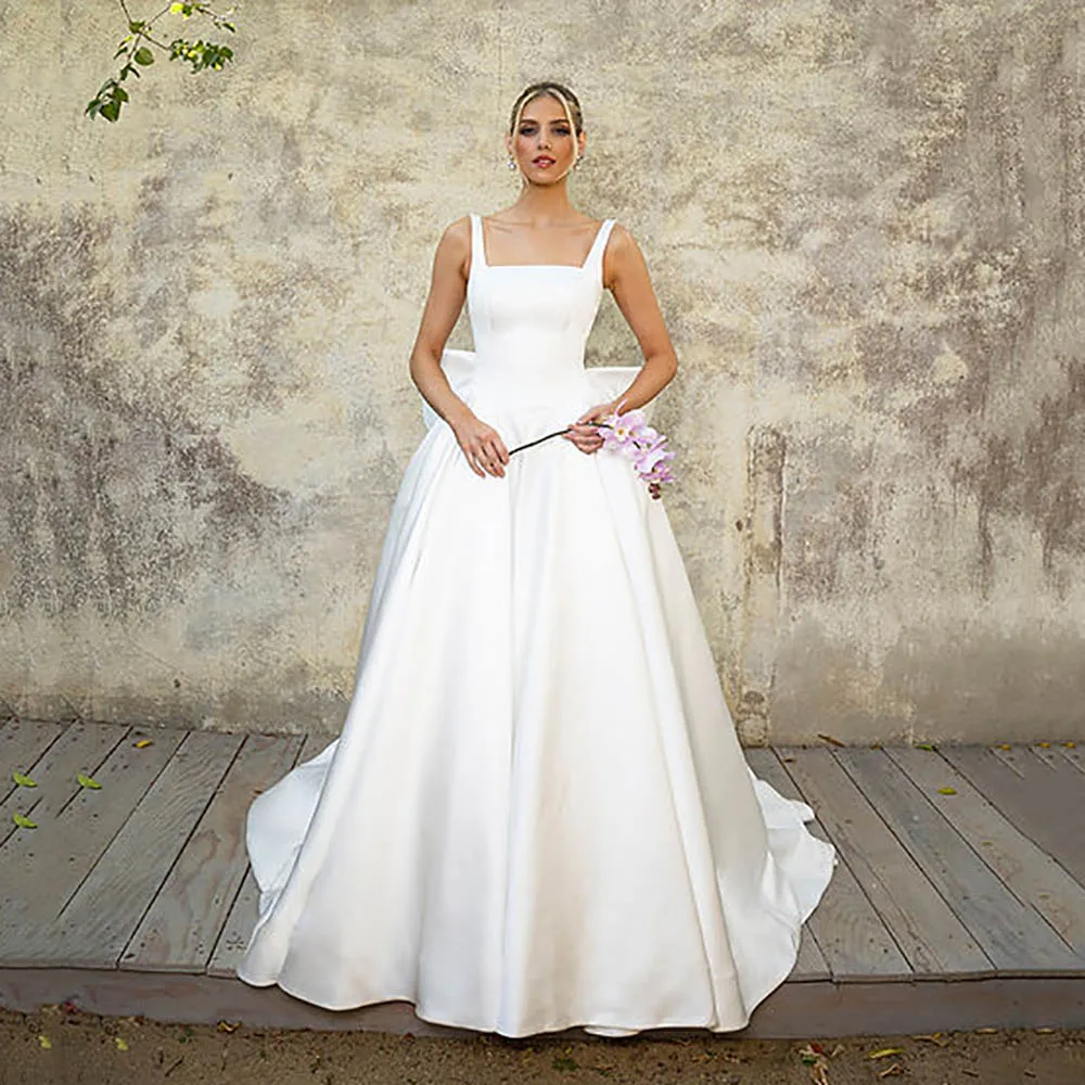 

Simple Satin Wedding Dresses Bow 2026 A-Line Backless Square Neck Bridal Gown Sleeveless White Brides Dresses Customized
