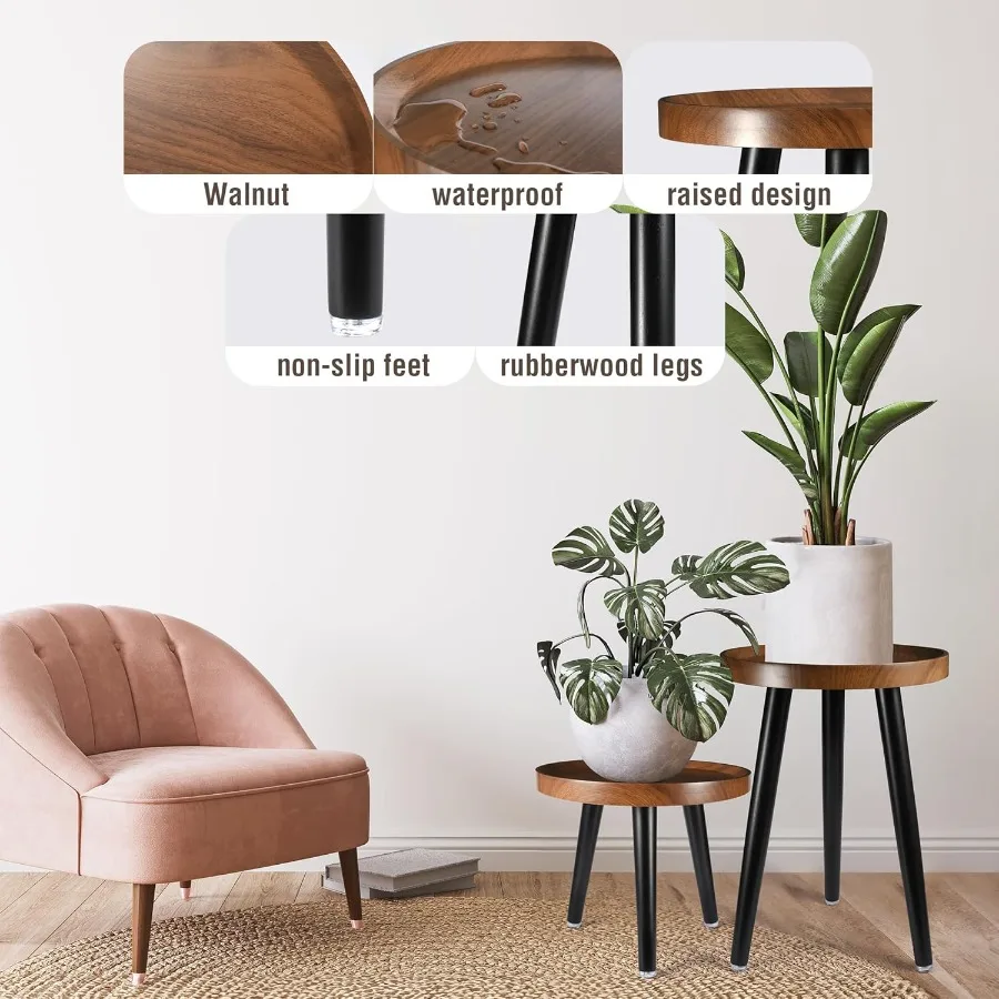 حامل نباتات داخلي من الخشب في منتصف القرن بلمسة نهائية من خشب الجوز، حامل نبات طويل القامة لوعاء الزهور، علامة تبويب جانبية صغيرة مستديرة حديثة #5