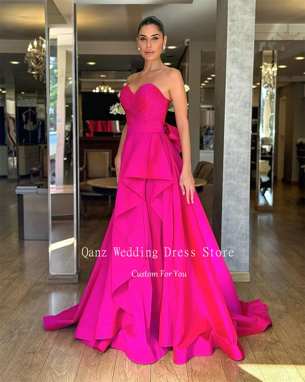 Qanz Fuchsia Sweetheart Customized Evening Dress Long A Line Satin Backless With Bow Ruffles Prom Gown Formal Dress Vestido Gala