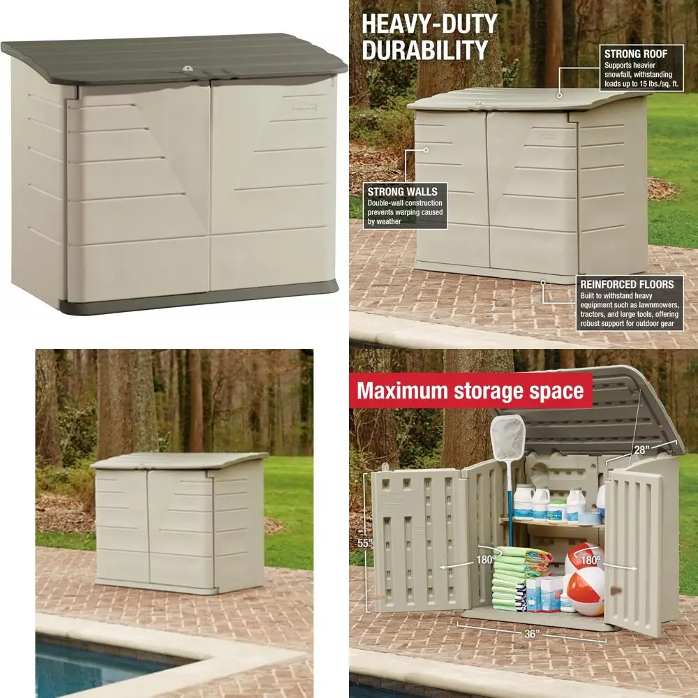 

Rubbermaid 5x4 фута большой горизонтальный полимерный уличный сарай с пол, устойчивый к атмосферным воздействиям бежевый/коричневый, решение для хранения домашнего оргаза