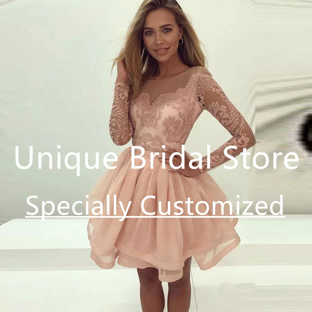 

Organza Mini Cocktail Dresses Crew-Neck A-Line Zipper Long Sleeve Applique Lace Fashion Beautiful Short Homecoming Gown