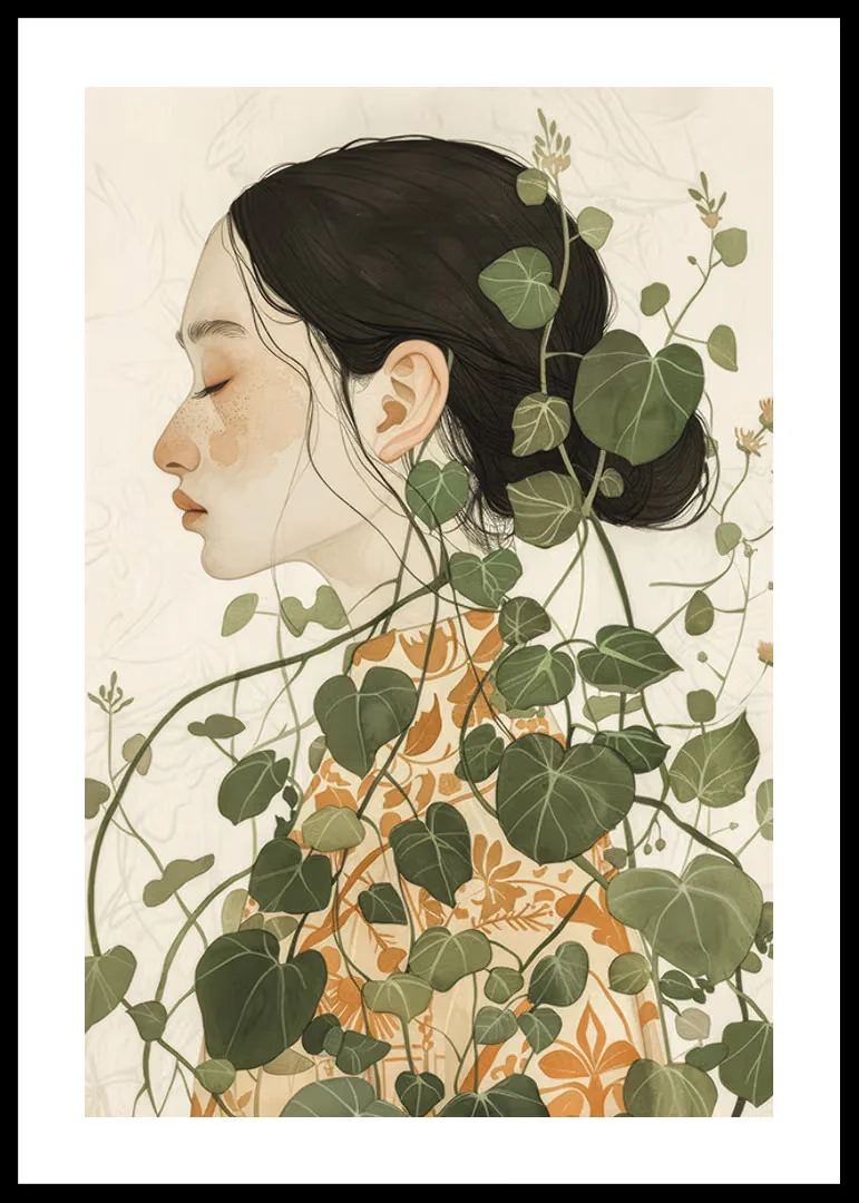 Minimalist Botanical Woman Canvas Wall Art, Green Ivy Vine Side Profile Poster Decor for Living Room Bedroom Study Home