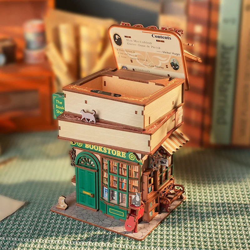 DIY Wooden Book Store Storage Box Model Building Kits City Street View 3D Puzzle Handmade Toys for Friends Gifts Desk Decoration