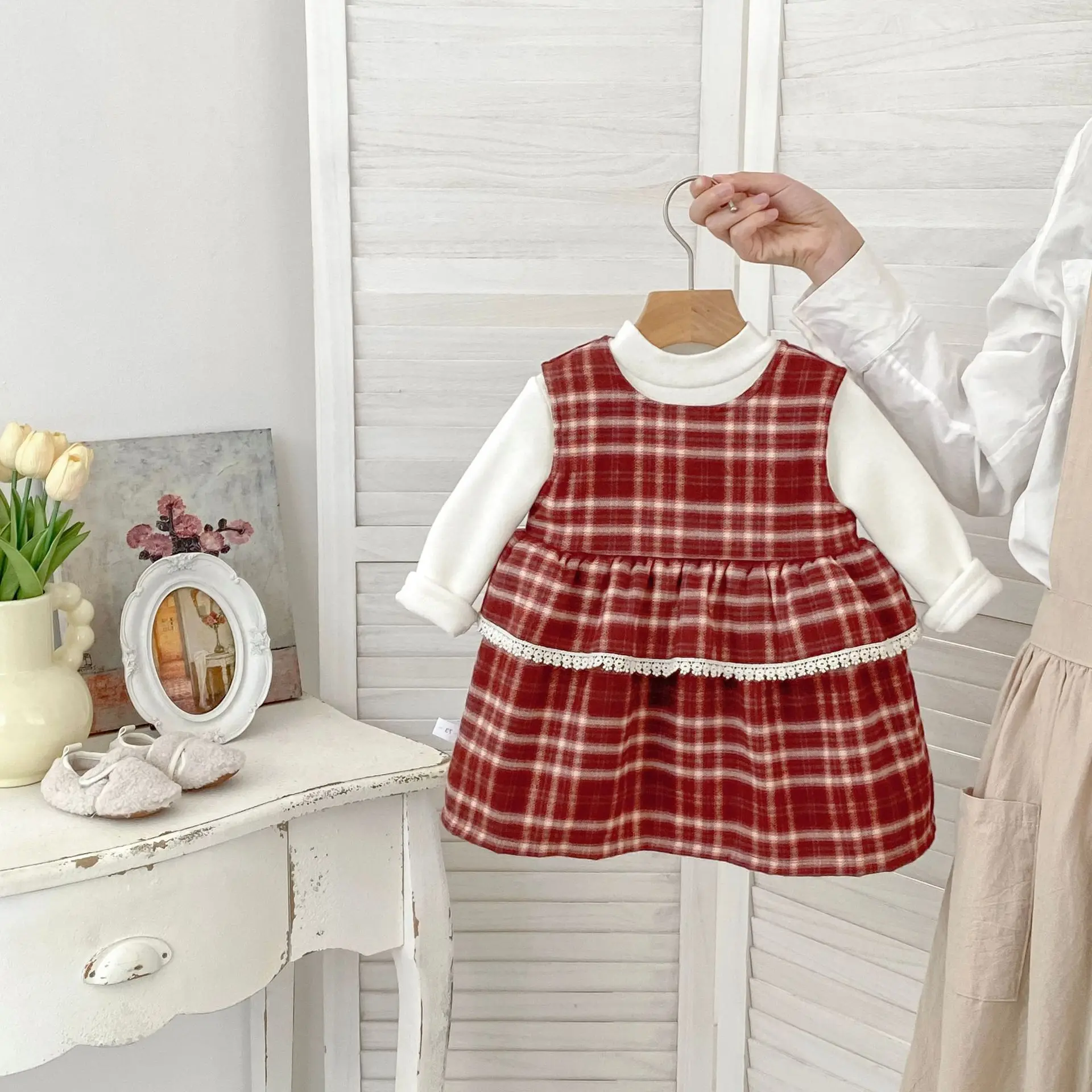 Two-piece Base Shirt Dress Set Sundress Thicken Fleece-lined Fashionable Soft Comfortable Sweet Grid Children Casual