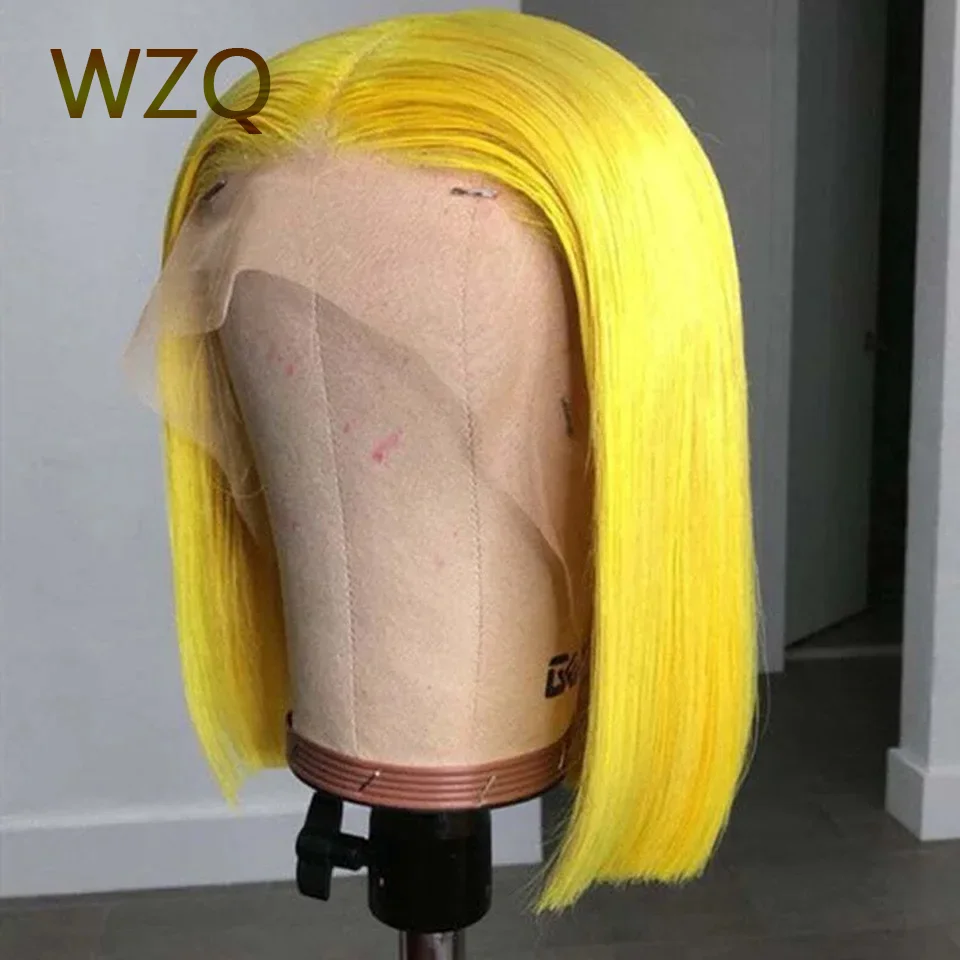 

Ярко-желтый прямой короткий парик Боб Прозрачный 13X4 Кружевные фронтальные парики 100% человеческие волосы Бесклеевой парик Готов к ношению человеческих волос