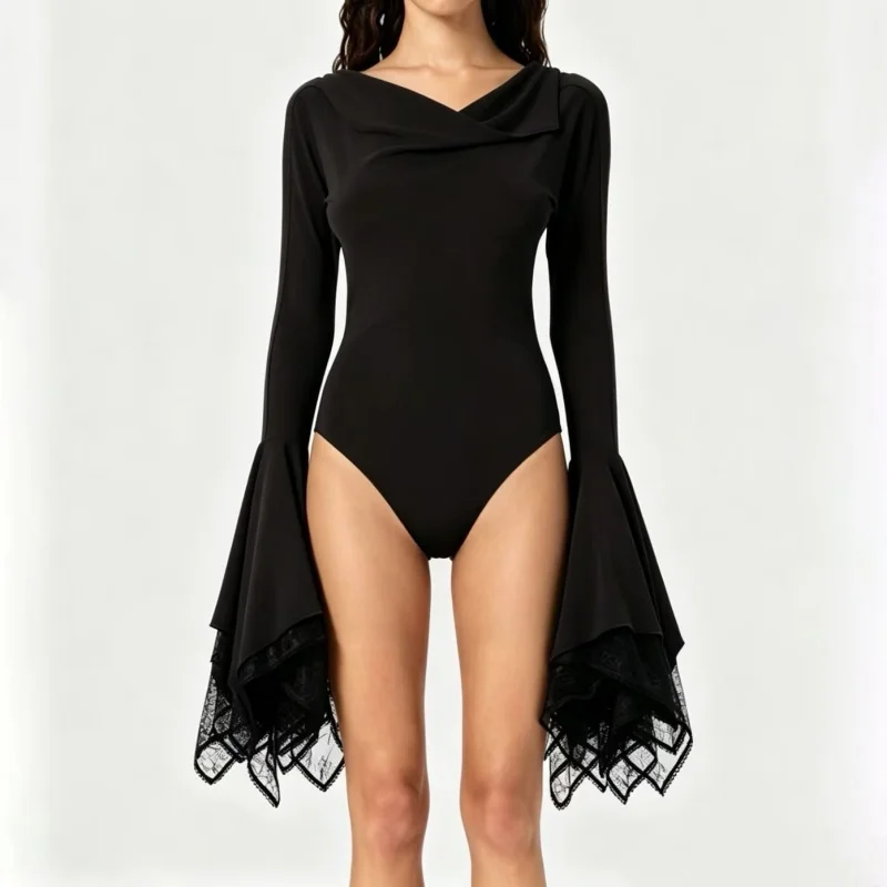 Autumn New Women's Multi-LayerCollar Horn SleeveMixed Bodysuit High Quality Fashion High Street Sexy Trim Long Sleeve Bottom Top