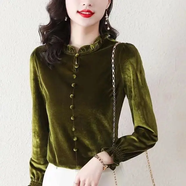 Thickened Gold Velvet Base Shirt for Women Autumn and Winter with Added Velvet Shirt Small Cover the Belly Noble and Stylish Top