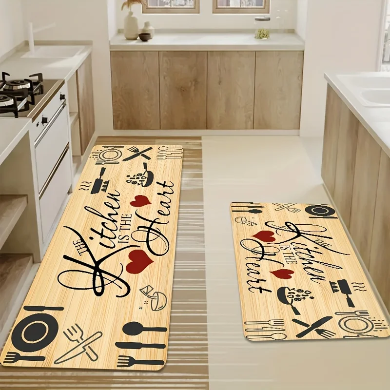 VIKAMA 1/2pcs Simple Knife And Fork Heart-Shaped Kitchen Floor Mat, Laundry Room Floor Mat, Machine Washable, Home Decoration view 3