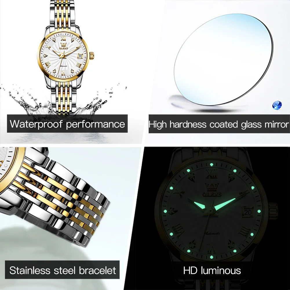 OLEVS 6630 Ladies Watch Luxury Elegant Automatic Mechanical Watch Waterproof Luminous  Stainless Steel  Date Watches For Women
