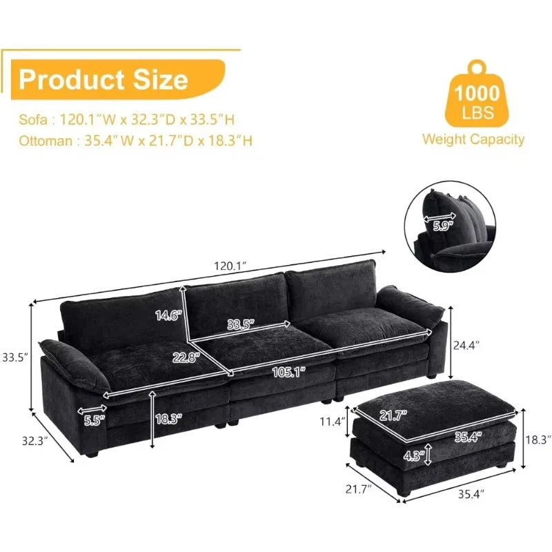 Home Modular  Modern Deep 3 Seater Sofa  with Ottoman, Chenille Sofa Bed  Sofa Set Living Room Furniture Nordic Sofa