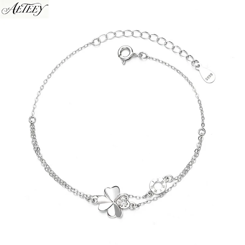 AETEEY S999 Silver Four Leaf Flower Double Layer Bracelet Niche High-end Women Wrist Jewelry