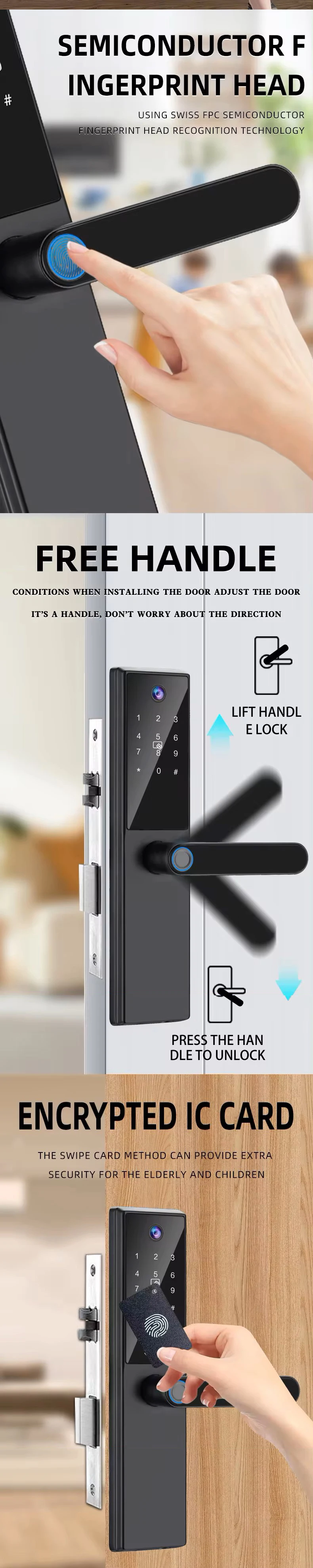 Tuya App Fingerprint Door Lock Code Card Key Touch Screen Smart Door Lock Security Digital Electronic Lock For Home