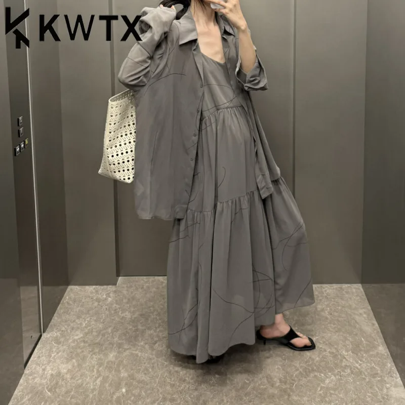 KWTX комплект из двух предметов: куртка-рубашка и платье-комбинация, винтажное однотонное плиссированное SS25, элегантное, роскошное, повседневное, шикарное, мягкое, высокое качество
