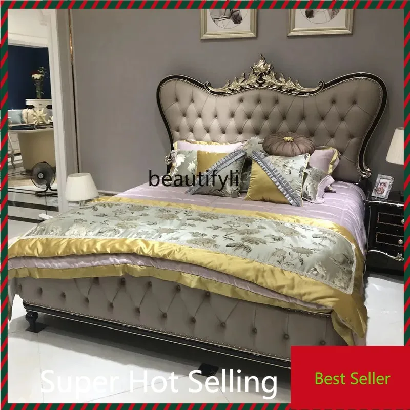 

European-Style First-Layer Cowhide Bed Bedroom Luxury Solid Wood Carved New Classical 1.8 M Princess Bed Marriage Bed