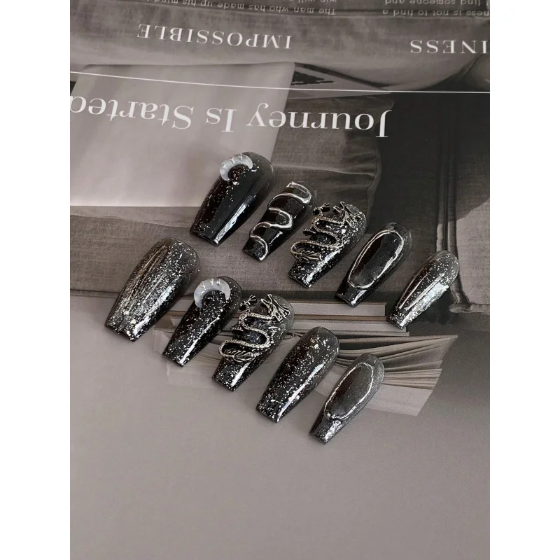 10 uñas postizas ataúd con serie de dragón oscuro, lentejuelas y brillantina fina 3