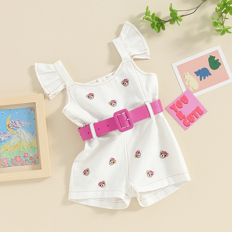 

Suefunskry Little Girls Summer Casual Jumpsuit White Flying Sleeve Bear Print Playsuit Romper with Belt