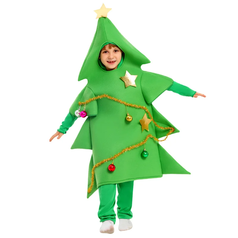 子供用グリーンクリスマスツリーコスチュームクリスマスロールプレイングボディスーツケープ子供の楽しいクリスマスパフォーマンス小道具セット