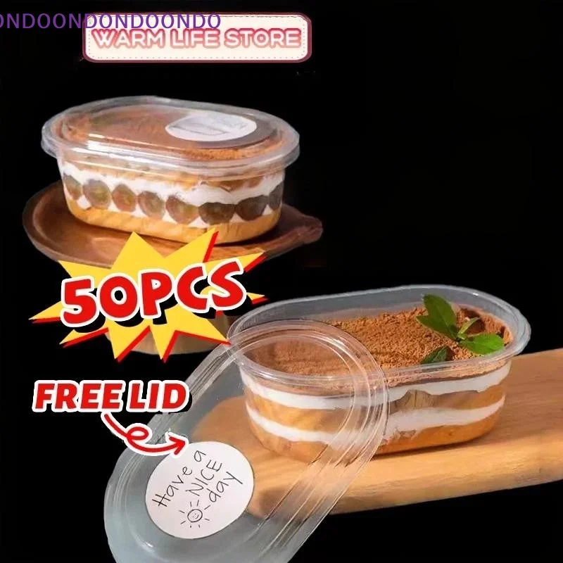 50/25Pcs Dessert Container Graham Cake Mango Float Clear Oval Container For Mousse Cake Pudding 500m