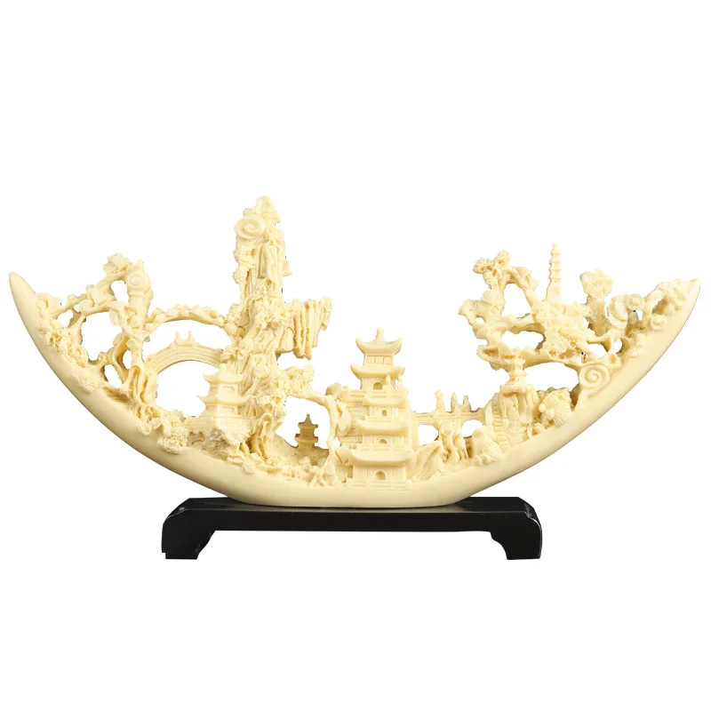 Resin Ivory Carving Style Boat Statue Chinese Landscape Sculpture Home Office Desk Decoration Feng Shui Ornament Gift Craft