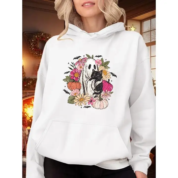 

"Halloween Ghost Cat Hoodie Women Oversized Casual Fall Sweatshirt Cute Spooky Pumpkin Floral Graphic Top Holiday Gift"