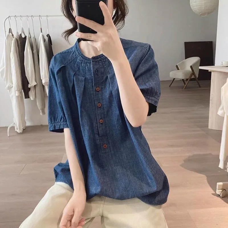 

Ladies New Denim Shirt Fashion Round Neck Short-Sleeved Shirt Spring New Loose Joker Slim Single-Breasted Short-Sleeved Shirt
