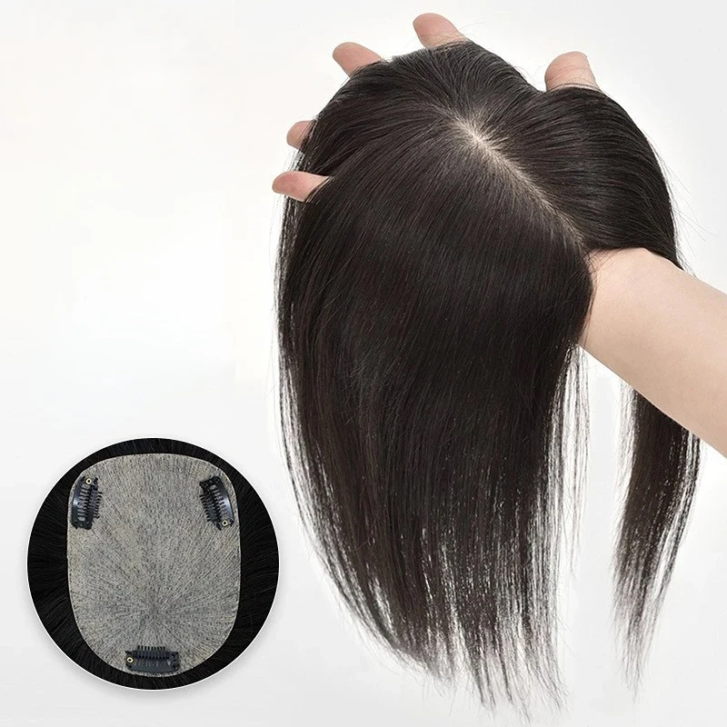 Straight European Human Hair Topper Hand Tied Silk Top Toupee Breathable and Invisible Silk Base Hair Piece With Clips For Women