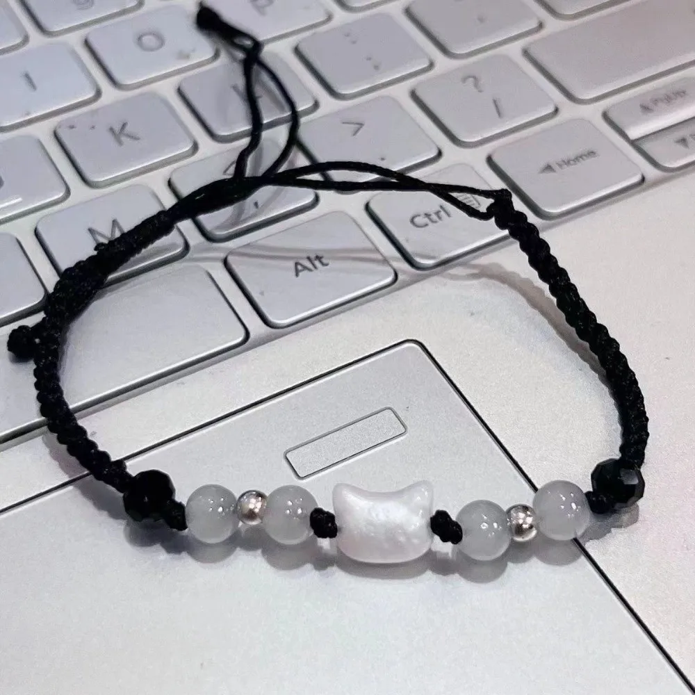 Minimalist Design Couple Bracelet Moonstone Obsidian Black White Rabbit Woven Bracelet Beaded Cute Cat Bracelet Couple Wear