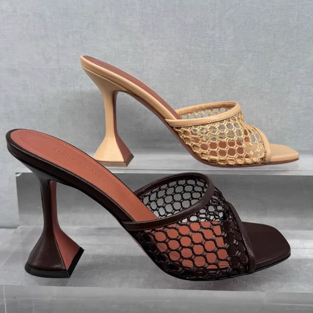 

Wine Glass Heel Weaving Slippers Sexy Square Toe Hollow Out Slip On New Arrivals Fashion Women Modern Shoes