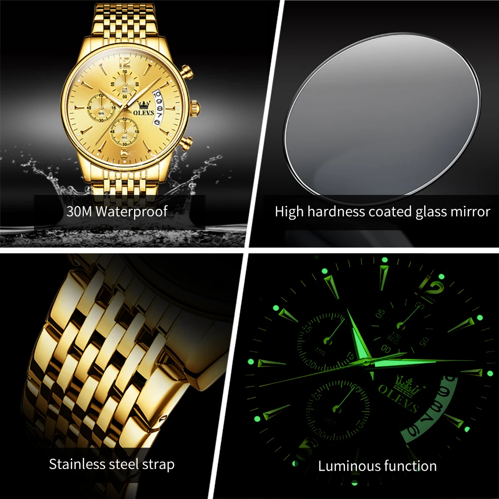OLEVS Brand Luxury Gold Quartz Watch for Men Stainless Steel Waterproof Sport Multifunction Chronograph Watch Relogio Masculino