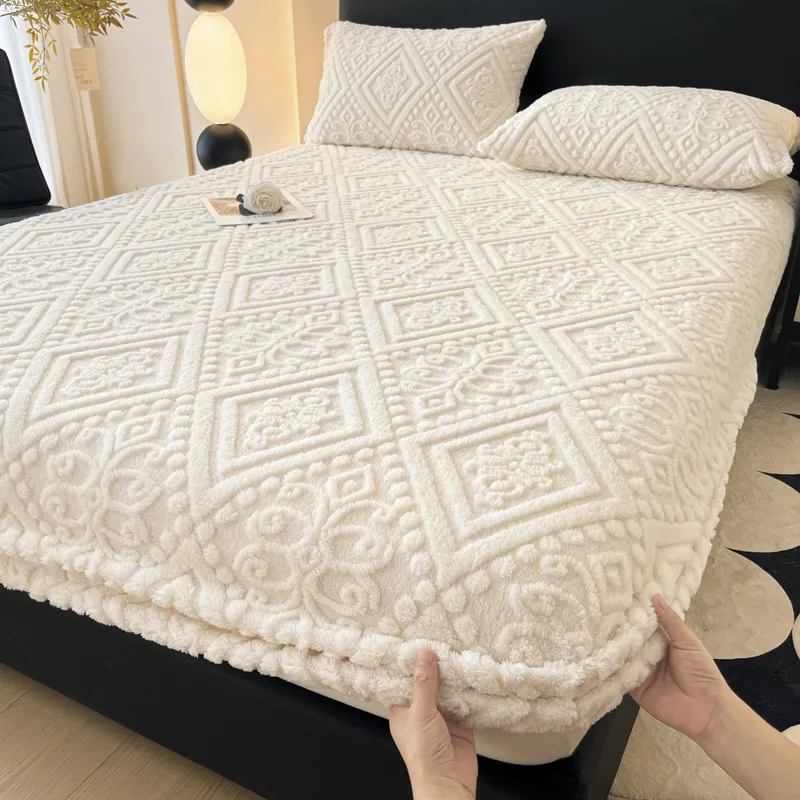 Jacquard Winter Thick Warm Coral Plush Mattress Cover High Elasticity Anti-Slip Breathable Suitable Bedroom Soft Bed Sheet