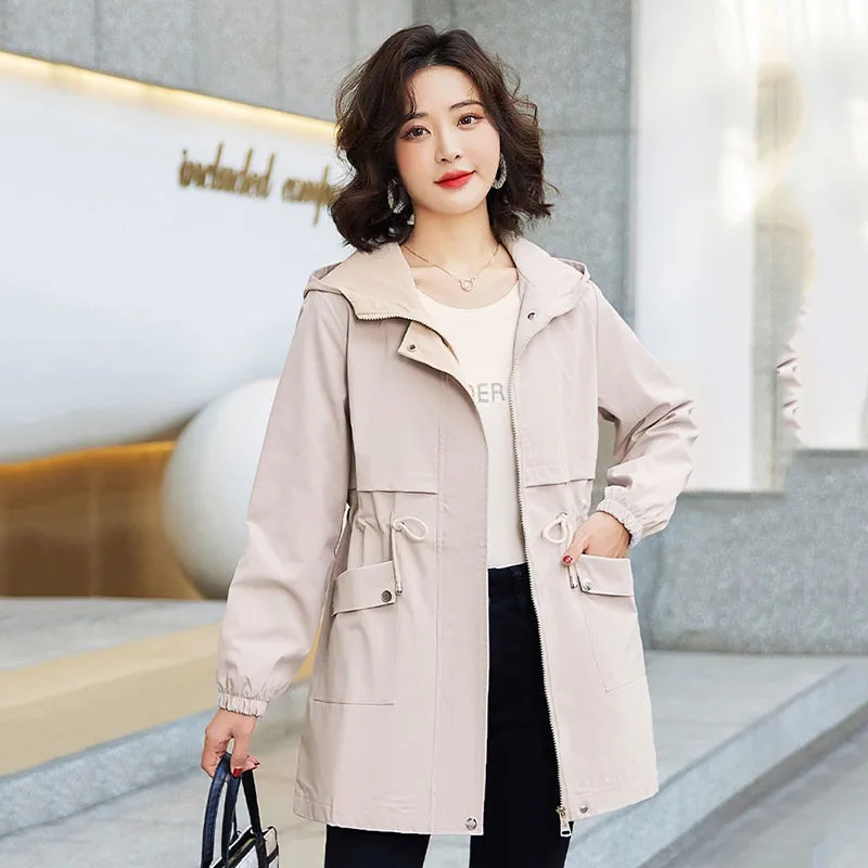 

2022 Spring Autumn Ladies Windbreaker Mid-length Loose Casual British Style Slim Trench Coat Hooded Collar Female Thin Outcoat