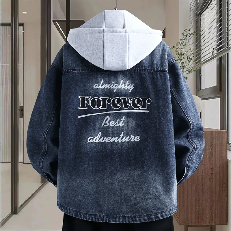 

Повседневная свободная джинсовая куртка для подростков с капюшоном, модная корейская студенческая верхняя одежда с длинными рукавами, осенне-весенняя куртка