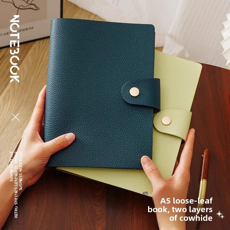 A5 6-Hole Litchi Grain PU Leather Loose-Leaf Notebook, 200 Pages 100gsm Thick Ivory Paper Business Journal with Magnetic