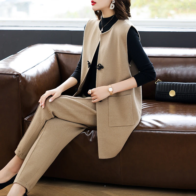 

Faionable Casual Autumn Outfit Set for Women 40-50 Years Old Two-Piece Set Wool Blend Vest Jaet Ele Classic Sle