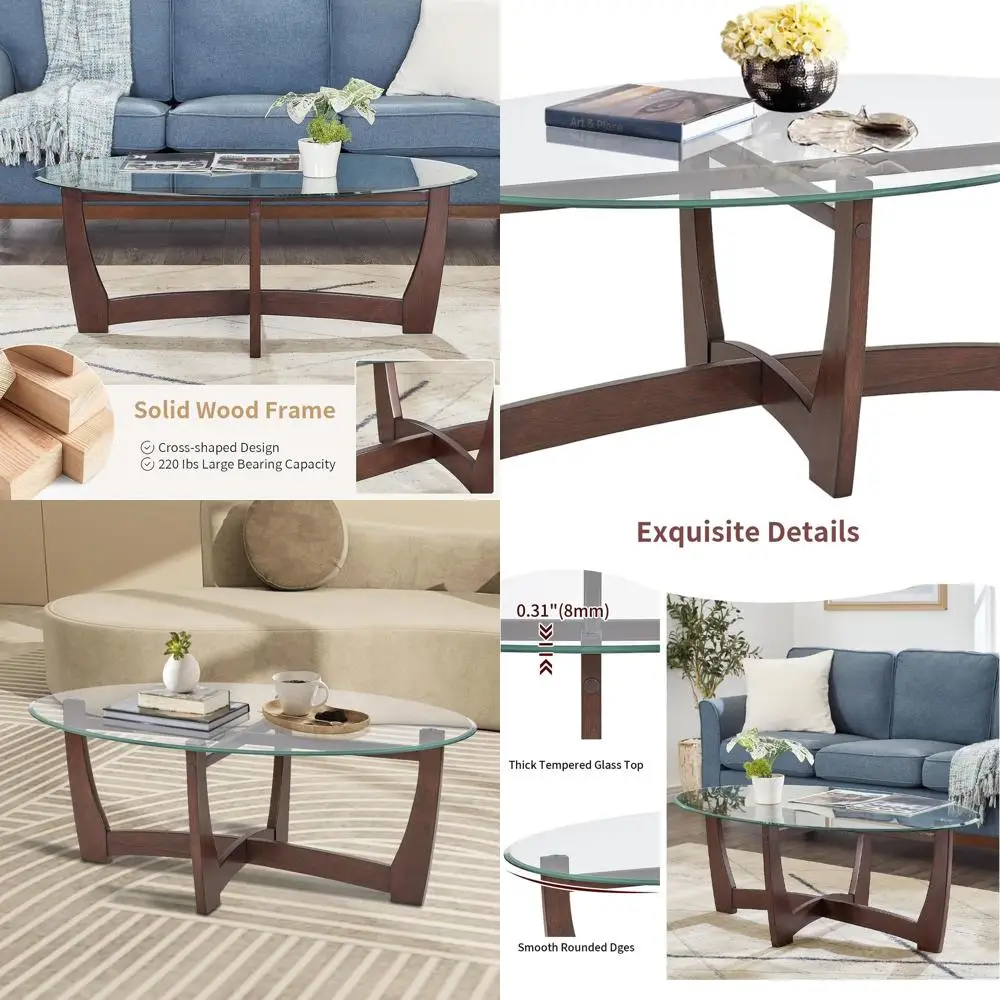 

Elegant 48 Oval Tempered Glass Coffee Table with Crosswood Base for Living Room and Office