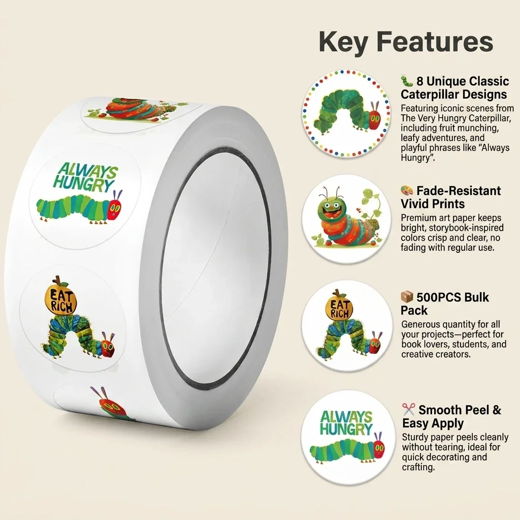 500Pcs/Roll Greedy Eat Rich Caterpillar Stickers 2.5cm/0.98'' 8 Designs Decals Diy Adorn Gifts Suitable for Various Gift Decor