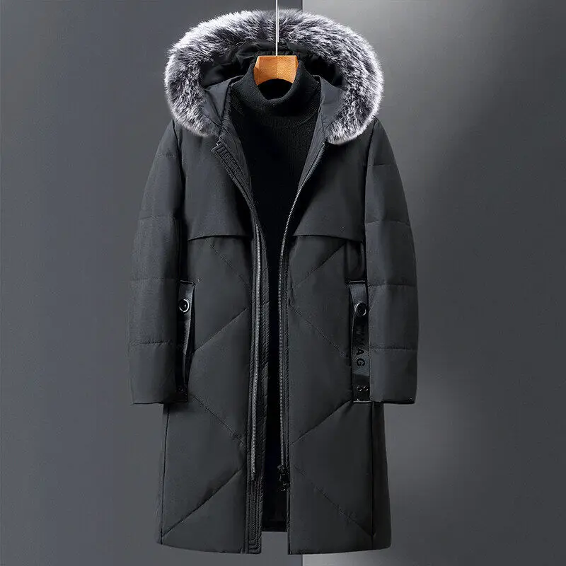 New Men's Winter Down Jacket Luxury Thickened Big Wool Collar Hooded White Duck Down Warm Coat Men Snow Clothes Long Down Jacket