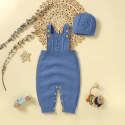 Newborn Baby Romper Knitted Infant Girl Boy Jumpsuit Outfits Sleeveless Toddler Children Clothing Hat Fashion Solid 2PC Overalls