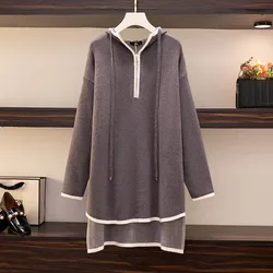 140Kg Plus Size Women's Bust 144 Spring Autumn New Loose Front Short Back Long Hooded Knitted Dress Gray 4XL 5XL 6XL 7XL 8XL