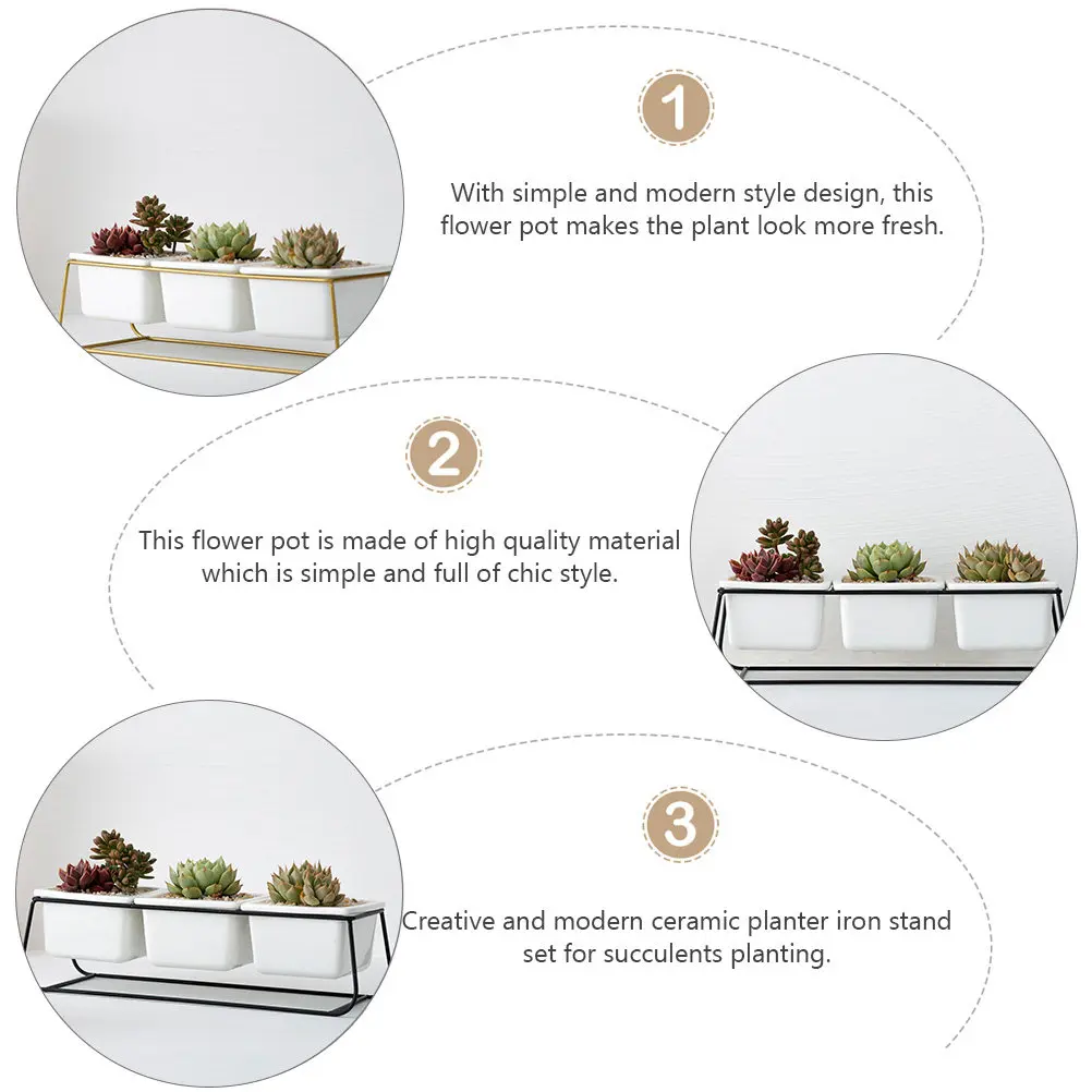 

1Set Iron Art Flower Pot Set Ceramic Succulent Planter with Stand Modern Chic Home Office Decor Space Saving Plant Container