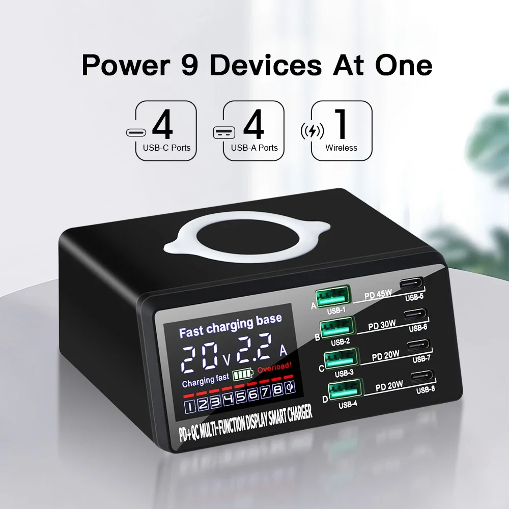 110 واط 8 منافذ USB محطة شحن 15 واط شحن لاسلكي PD 45 واط QC3.0 نوع C شاحن سريع آيفون 15 برو ماك بوك سامسونج X9D