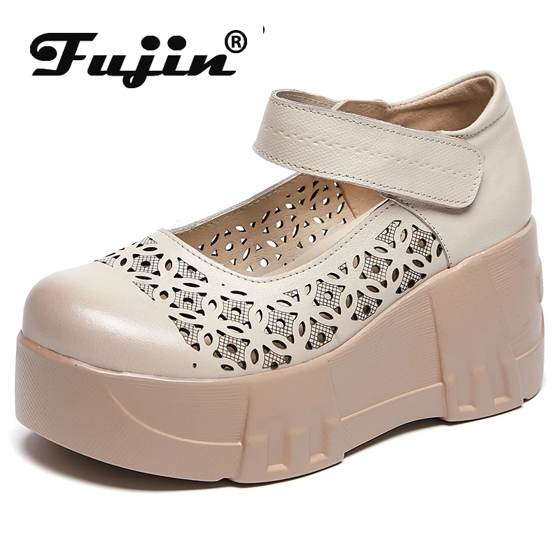 

Fujin 7cm Mary Jane Moccasins Fashion Hook Shoes 2024 Genuine Leather Heels Platform Wedge Women Summer Hollow Breathable Pumps