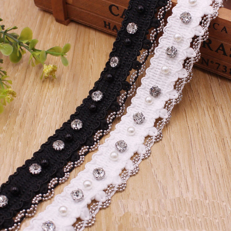 

10 Yards 25MM Diamond Beaded Black White Lace Beading Skirt Edge Ribbon Hair Bows DIY Handmade Crafts Accessories Materials