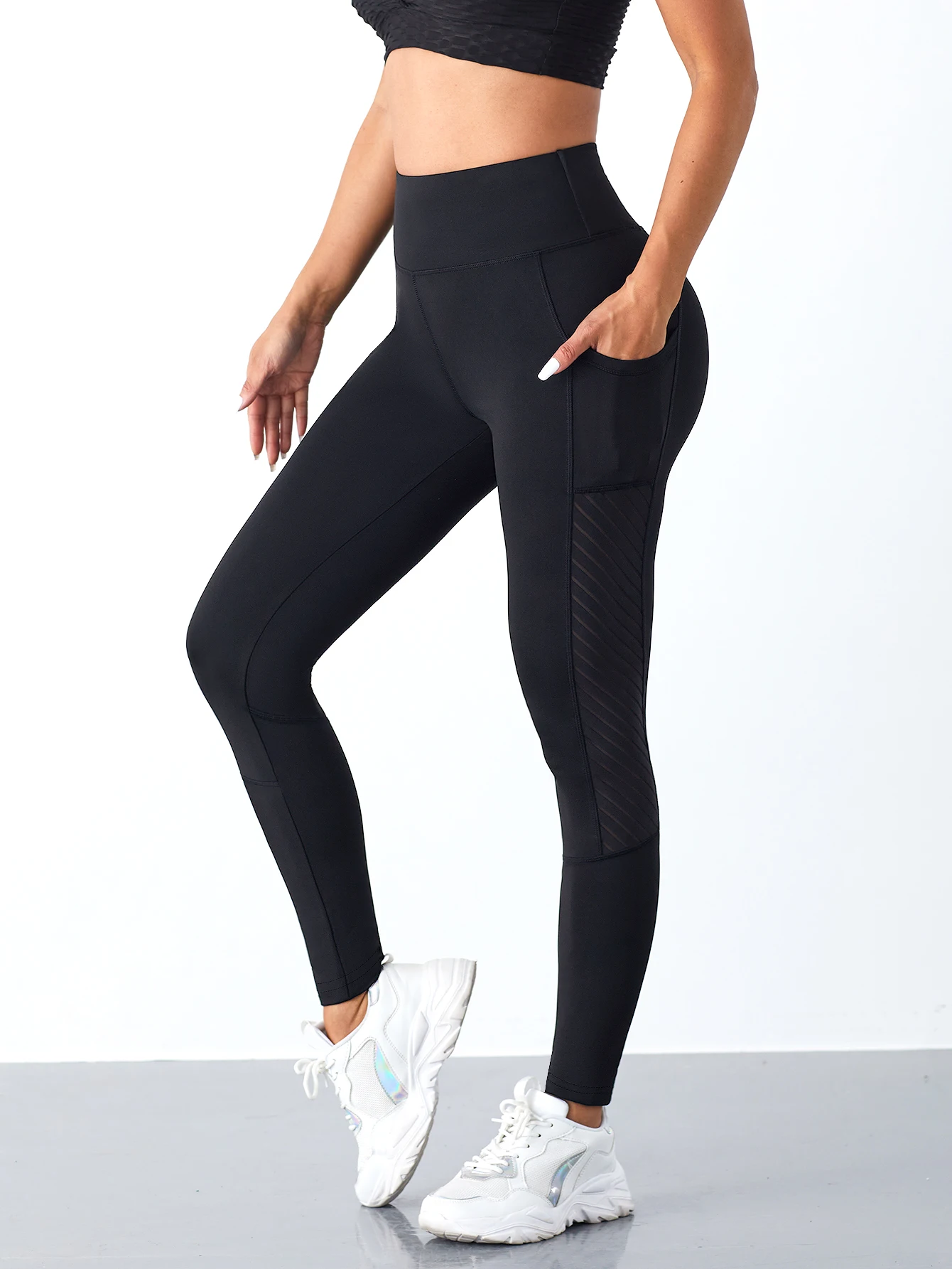 Women Mesh Pants with Pockets Slim Leggings Gym Workout Sports Pants Stretchy High Waist Butt Liftting Yoga Leggings image 6