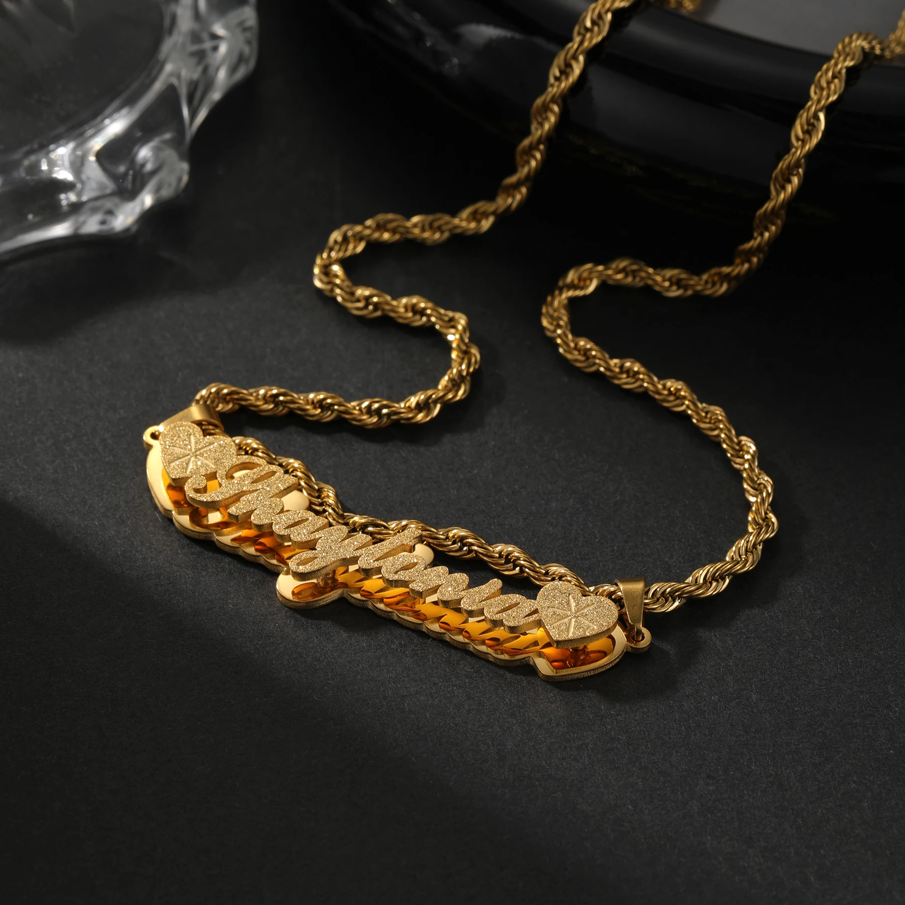 Sand Pressed Necklace with Heart 18k Gold Plated Custom Double Name Plate Pendant Double Layer Name Jewelry Wife Women Gift