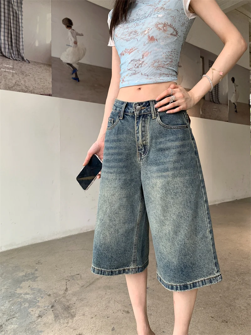 Korean-style summer vintage blue denim wide-leg cropped pants for women distressed wash casual and leg-lengthening