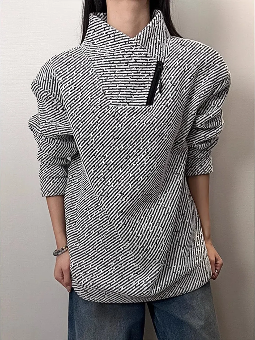 

Deconstructed Zipper Fibone Pattern Hoodie Long Sve Casual Top for Men Autumn Winter Polyester Fiber Comfortable Fit