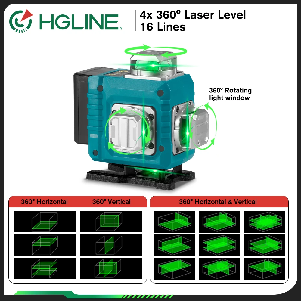 HGLINE 16 Lines Laser Level 4D Green Line 360° Horizontal Vertical 30m APP Remote Control Super Power Laser Level Instrument