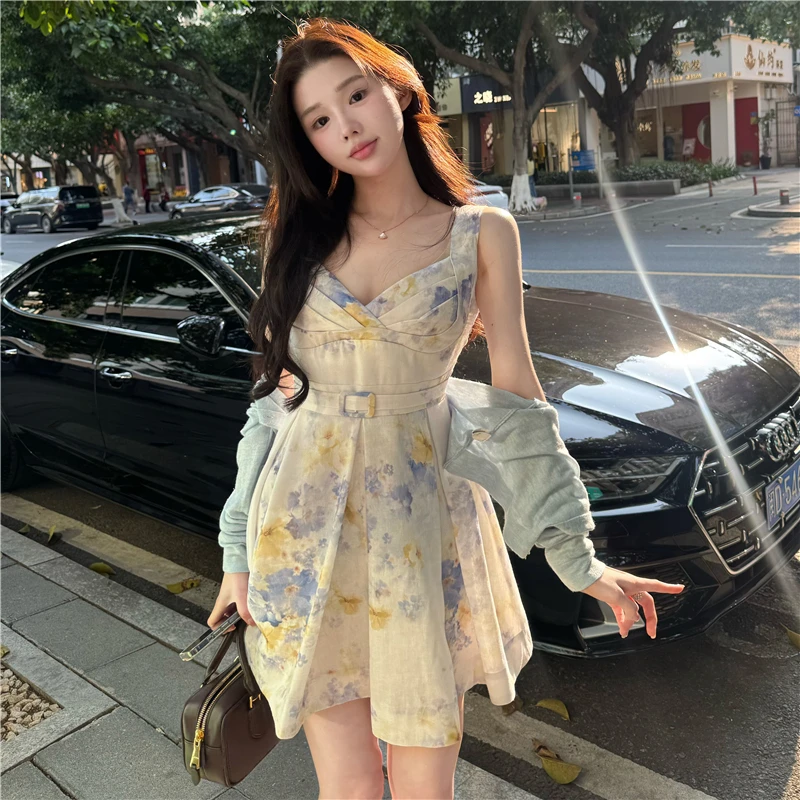 

Oxygen Feel Floral Print V-Ne ort Dr Women's Summer Season een Sister Brand A-Line Dr Belted ter Ne Dr