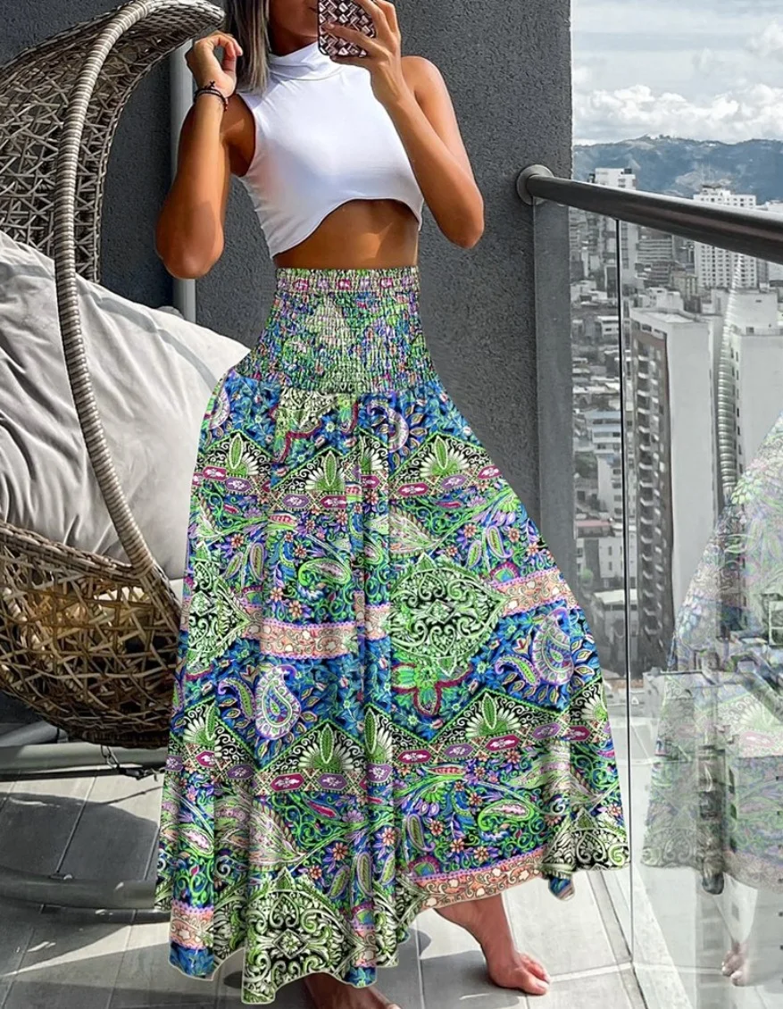 Plus Size Vintage Flower Printed Skirt Women 2024 Summer New Fashion Casual Commuting Vacation Style High Waist A-line Skirts F